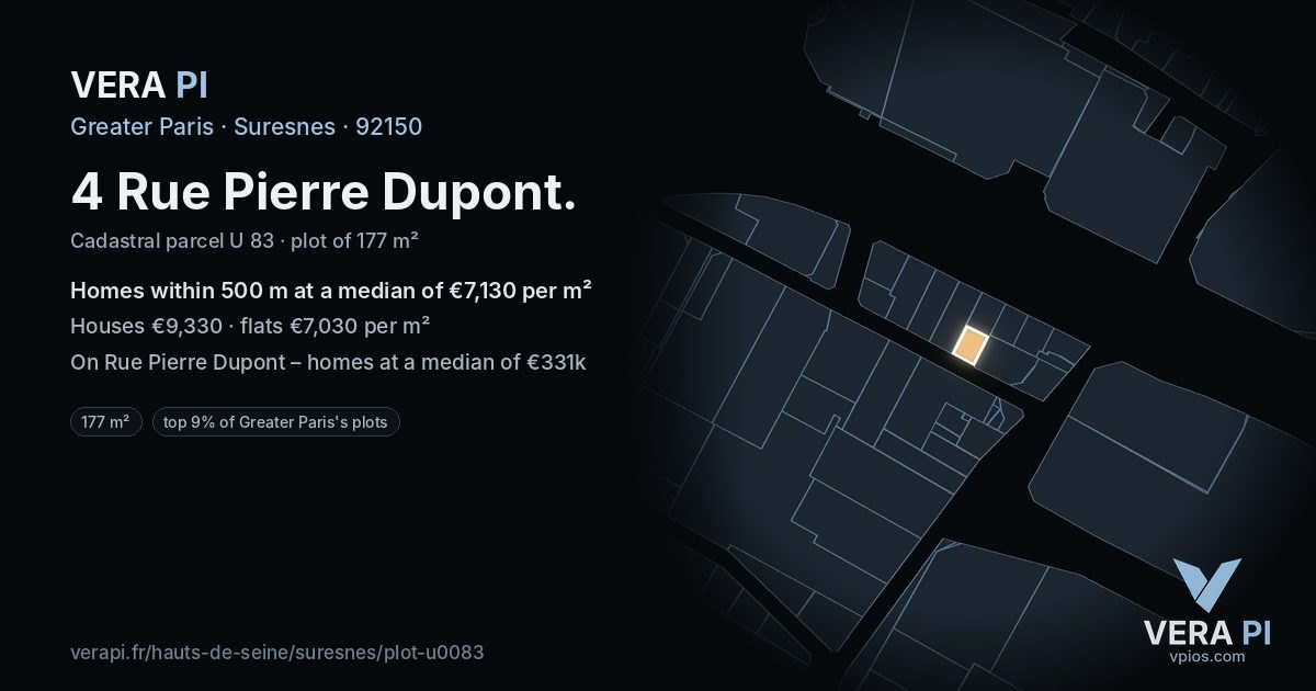 4 Rue Pierre Dupont, Suresnes at night – the plot lit, the parcels around coloured by the prices near them