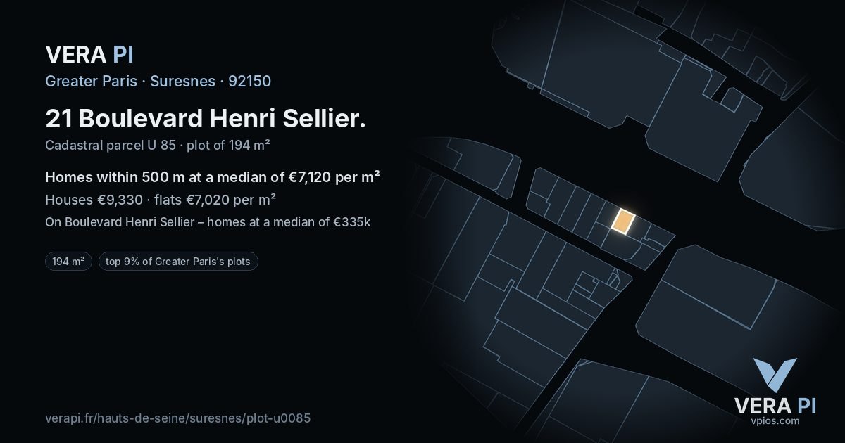21 Boulevard Henri Sellier, Suresnes at night – the plot lit, the parcels around coloured by the prices near them