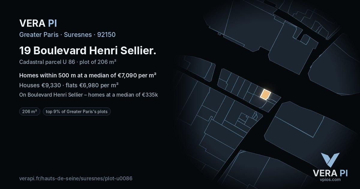 19 Boulevard Henri Sellier, Suresnes at night – the plot lit, the parcels around coloured by the prices near them