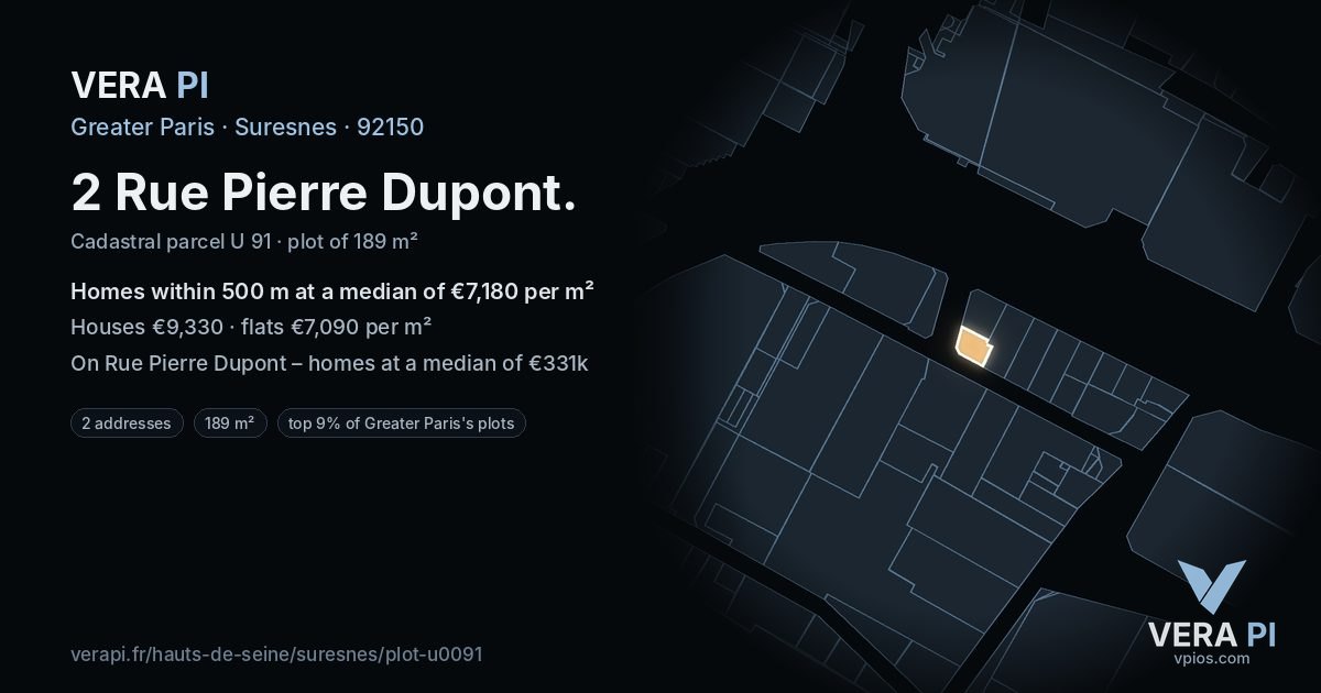2 Rue Pierre Dupont, Suresnes at night – the plot lit, the parcels around coloured by the prices near them