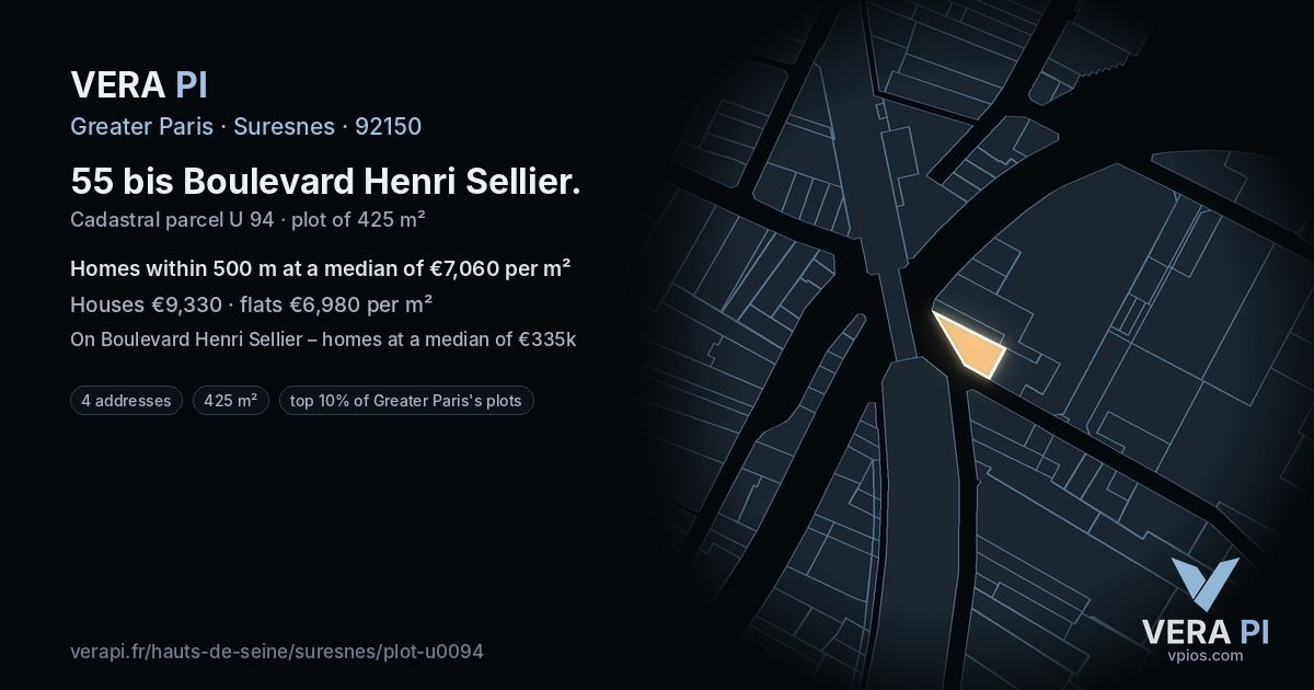 55 bis Boulevard Henri Sellier, Suresnes at night – the plot lit, the parcels around coloured by the prices near them