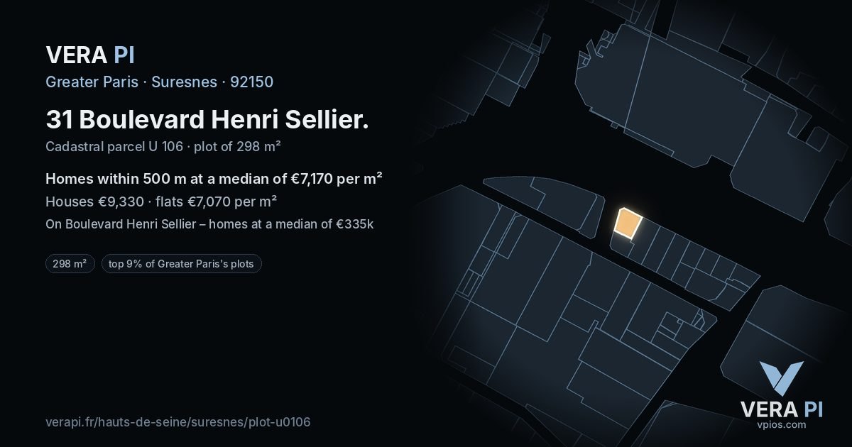 31 Boulevard Henri Sellier, Suresnes at night – the plot lit, the parcels around coloured by the prices near them