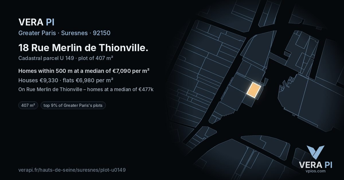 18 Rue Merlin de Thionville, Suresnes at night – the plot lit, the parcels around coloured by the prices near them