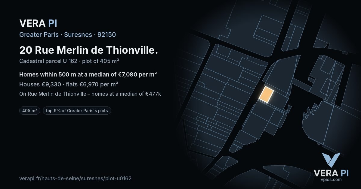 20 Rue Merlin de Thionville, Suresnes at night – the plot lit, the parcels around coloured by the prices near them