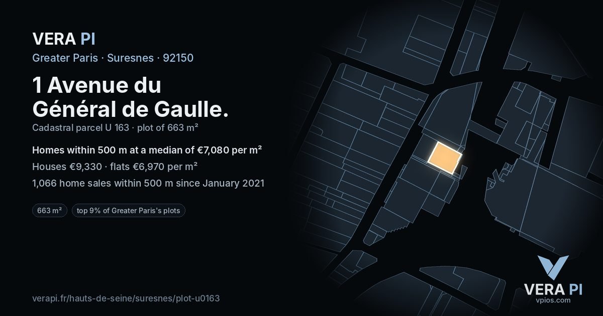 1 Avenue du Général de Gaulle, Suresnes at night – the plot lit, the parcels around coloured by the prices near them
