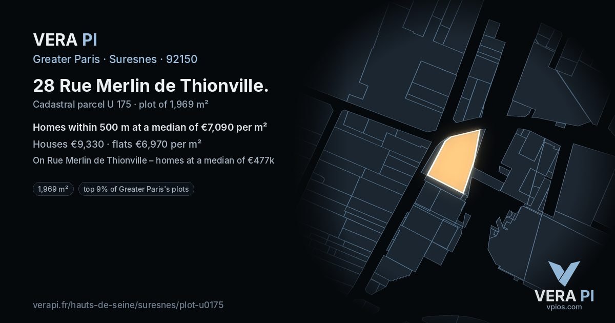 28 Rue Merlin de Thionville, Suresnes at night – the plot lit, the parcels around coloured by the prices near them