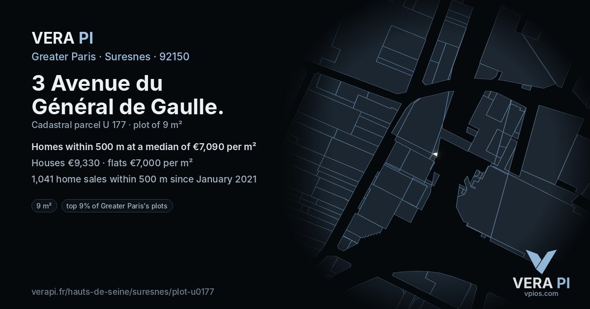 3 Avenue du Général de Gaulle, Suresnes at night – the plot lit, the parcels around coloured by the prices near them