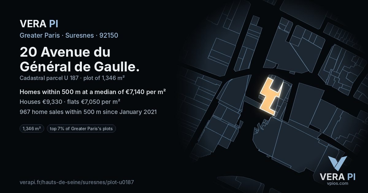 20 Avenue du Général de Gaulle, Suresnes at night – the plot lit, the parcels around coloured by the prices near them