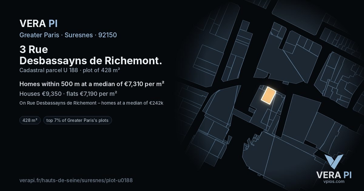 3 Rue Desbassayns de Richemont, Suresnes at night – the plot lit, the parcels around coloured by the prices near them