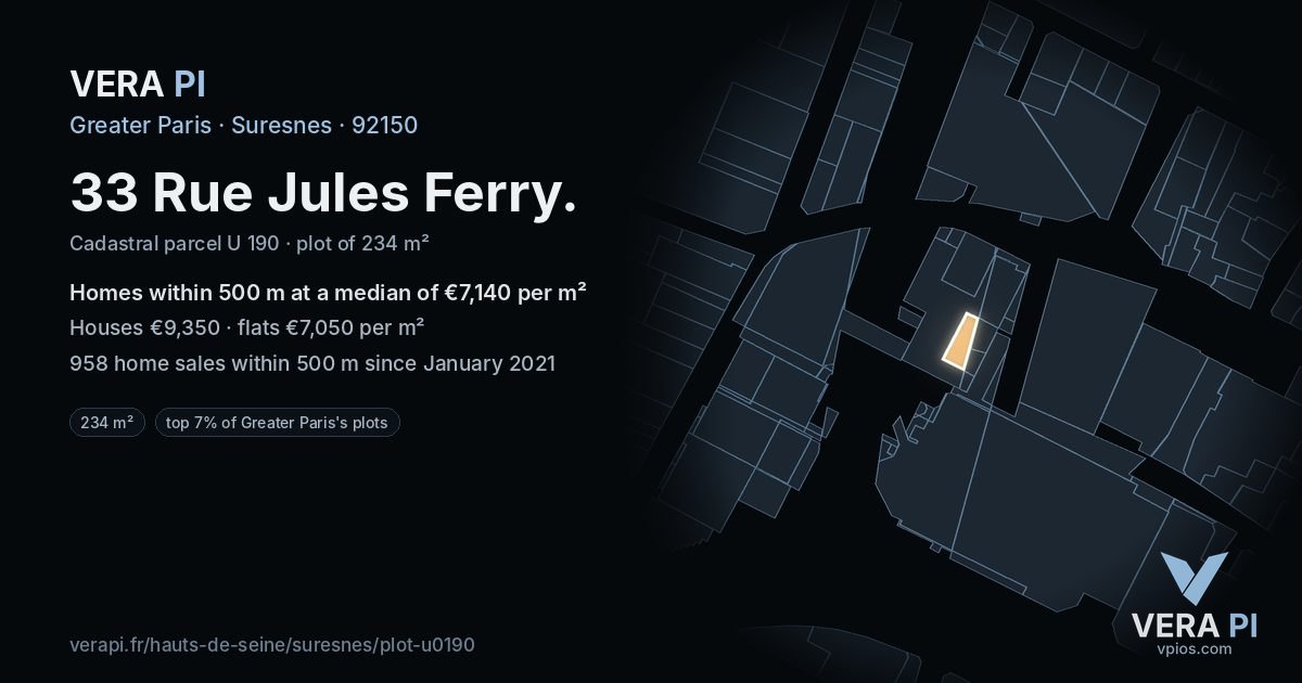 33 Rue Jules Ferry, Suresnes at night – the plot lit, the parcels around coloured by the prices near them