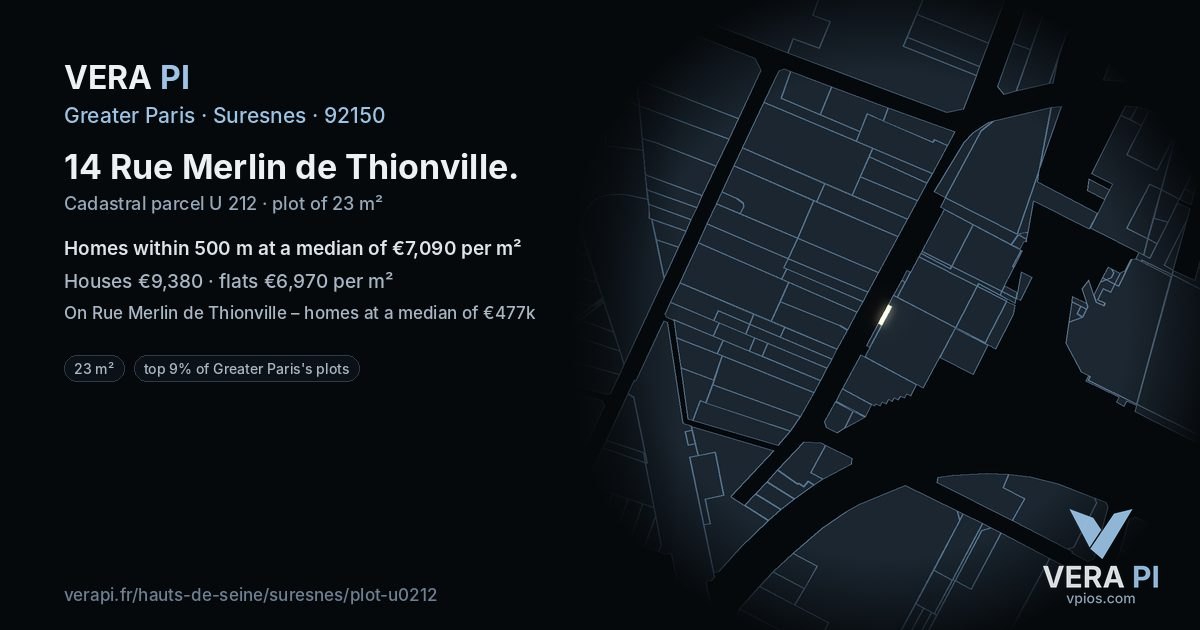 14 Rue Merlin de Thionville, Suresnes at night – the plot lit, the parcels around coloured by the prices near them