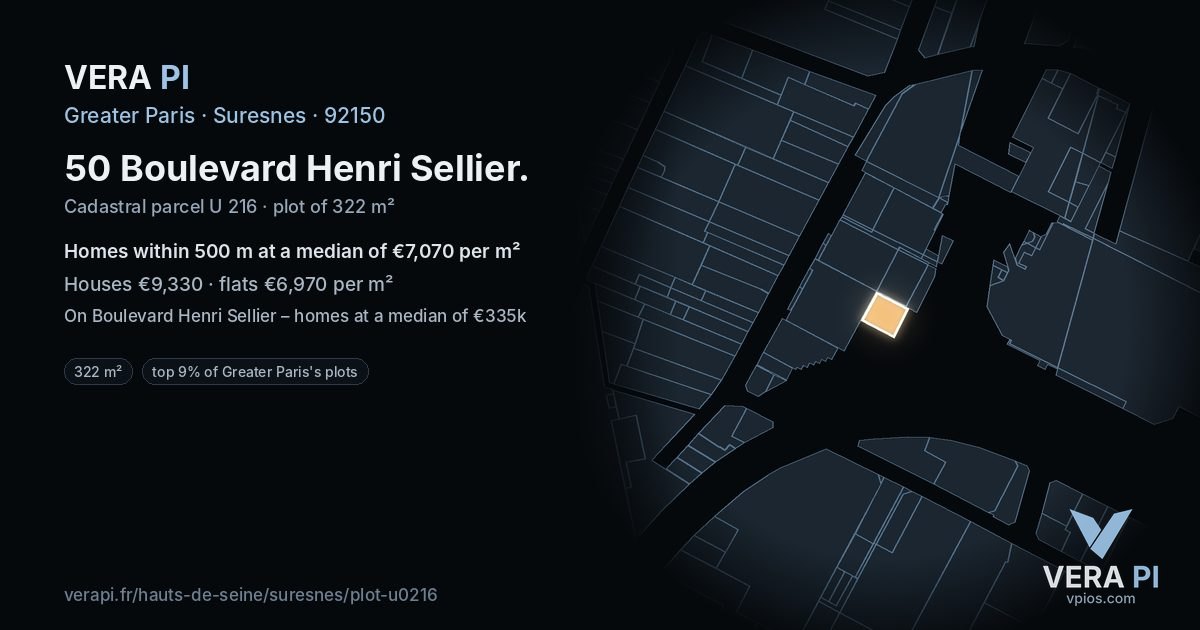 50 Boulevard Henri Sellier, Suresnes at night – the plot lit, the parcels around coloured by the prices near them