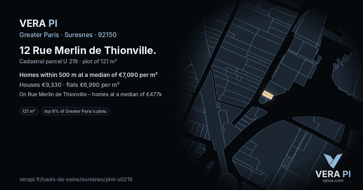 12 Rue Merlin de Thionville, Suresnes at night – the plot lit, the parcels around coloured by the prices near them
