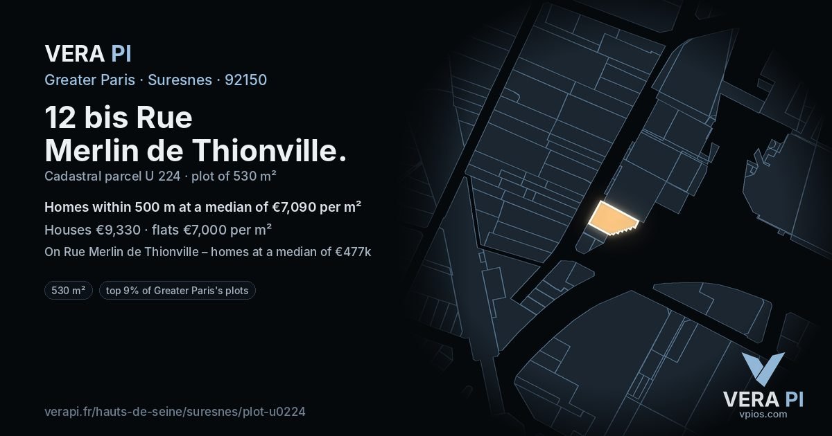 12 bis Rue Merlin de Thionville, Suresnes at night – the plot lit, the parcels around coloured by the prices near them