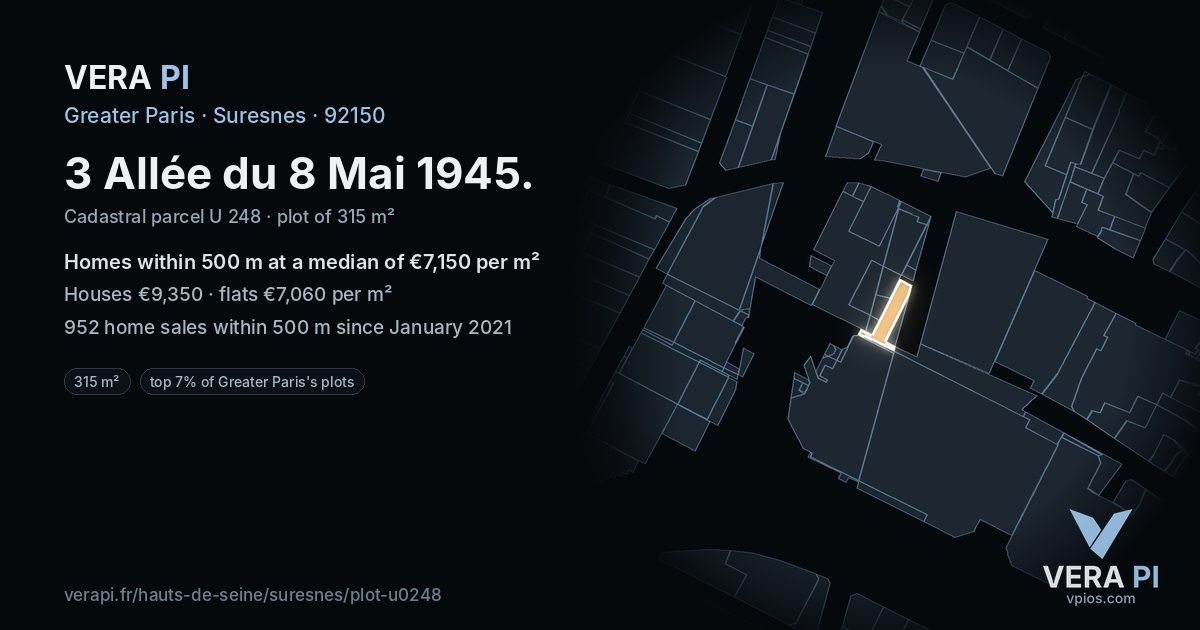 3 Allée du 8 Mai 1945, Suresnes at night – the plot lit, the parcels around coloured by the prices near them