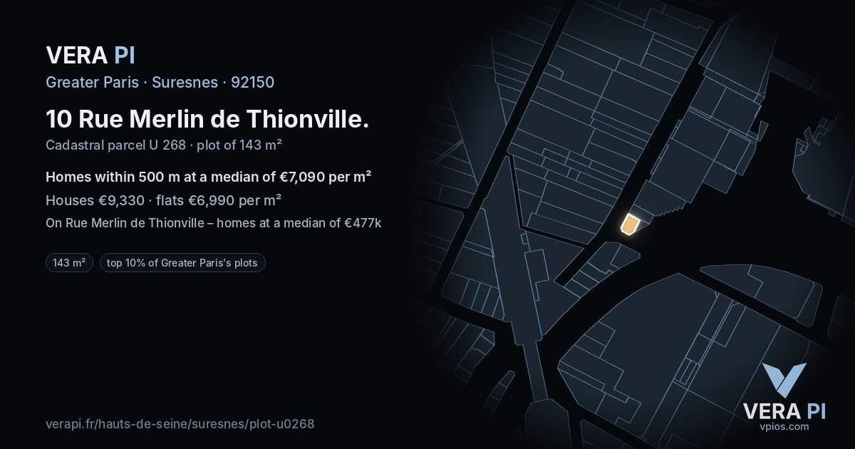 10 Rue Merlin de Thionville, Suresnes at night – the plot lit, the parcels around coloured by the prices near them