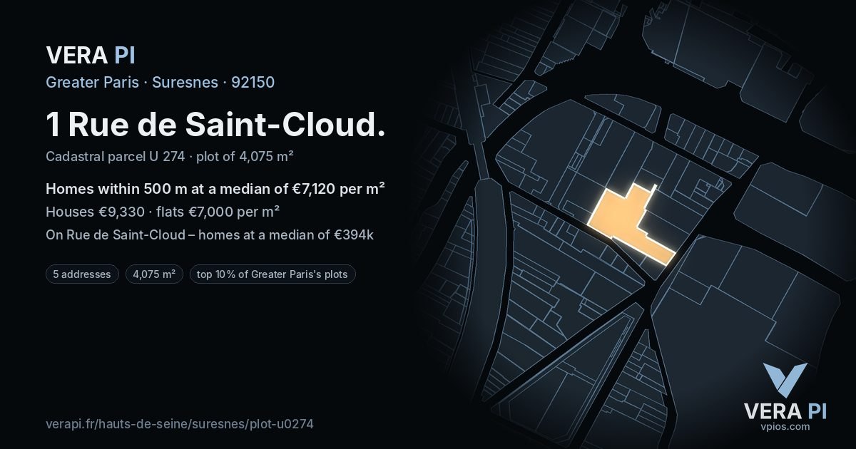 1 Rue de Saint-Cloud, Suresnes at night – the plot lit, the parcels around coloured by the prices near them
