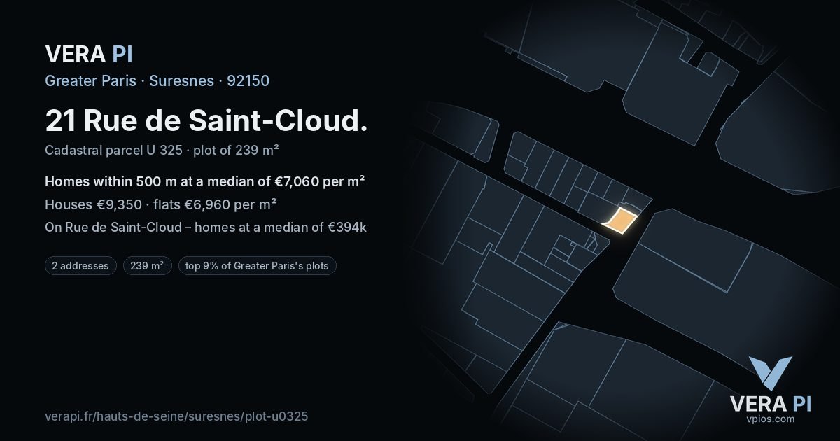 21 Rue de Saint-Cloud, Suresnes at night – the plot lit, the parcels around coloured by the prices near them