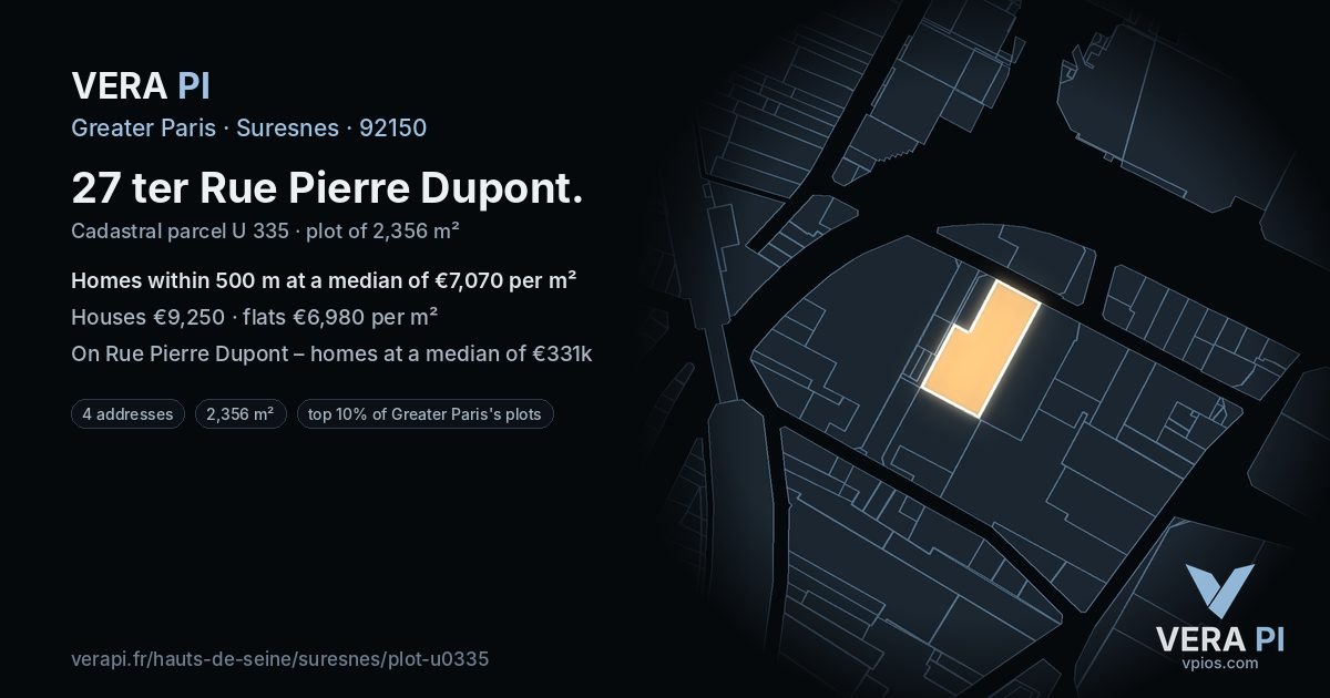 27 ter Rue Pierre Dupont, Suresnes at night – the plot lit, the parcels around coloured by the prices near them