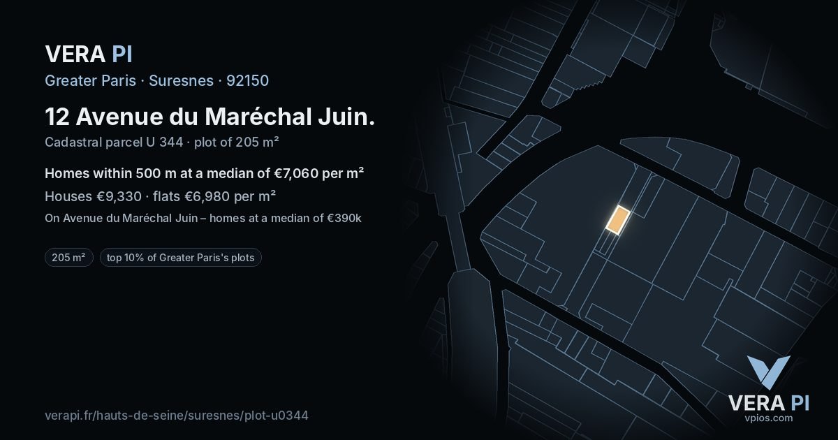 12 Avenue du Maréchal Juin, Suresnes at night – the plot lit, the parcels around coloured by the prices near them