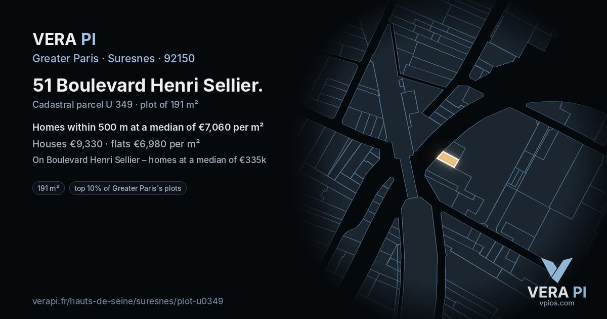 51 Boulevard Henri Sellier, Suresnes at night – the plot lit, the parcels around coloured by the prices near them