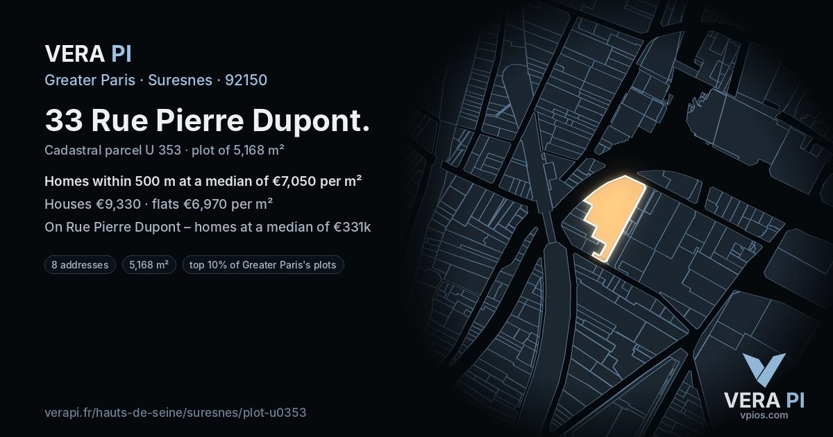 33 Rue Pierre Dupont, Suresnes at night – the plot lit, the parcels around coloured by the prices near them