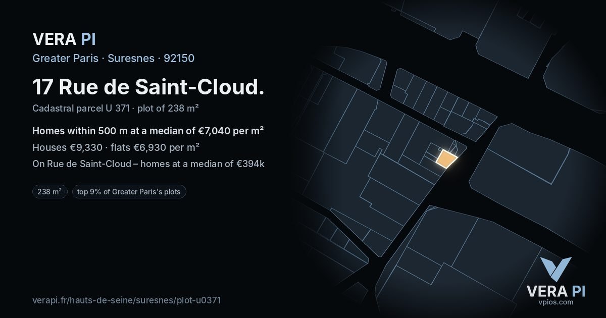 17 Rue de Saint-Cloud, Suresnes at night – the plot lit, the parcels around coloured by the prices near them