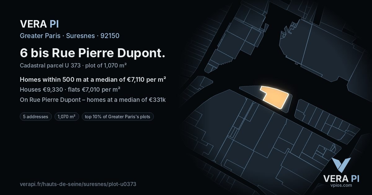 6 bis Rue Pierre Dupont, Suresnes at night – the plot lit, the parcels around coloured by the prices near them