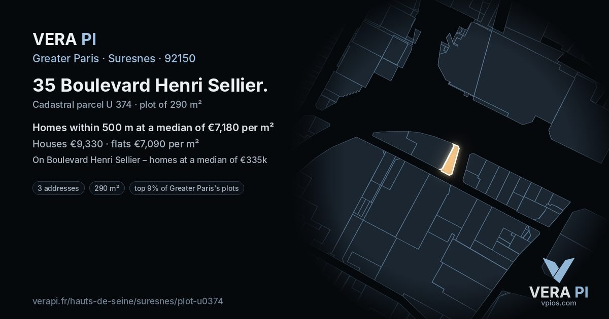 35 Boulevard Henri Sellier, Suresnes at night – the plot lit, the parcels around coloured by the prices near them
