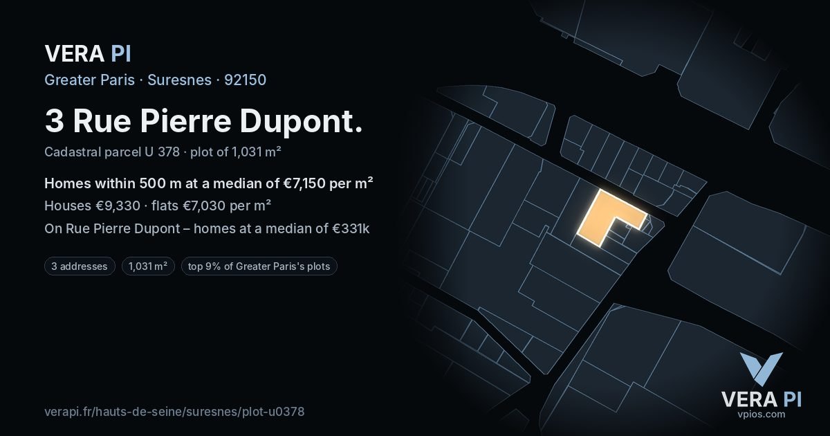 3 Rue Pierre Dupont, Suresnes at night – the plot lit, the parcels around coloured by the prices near them
