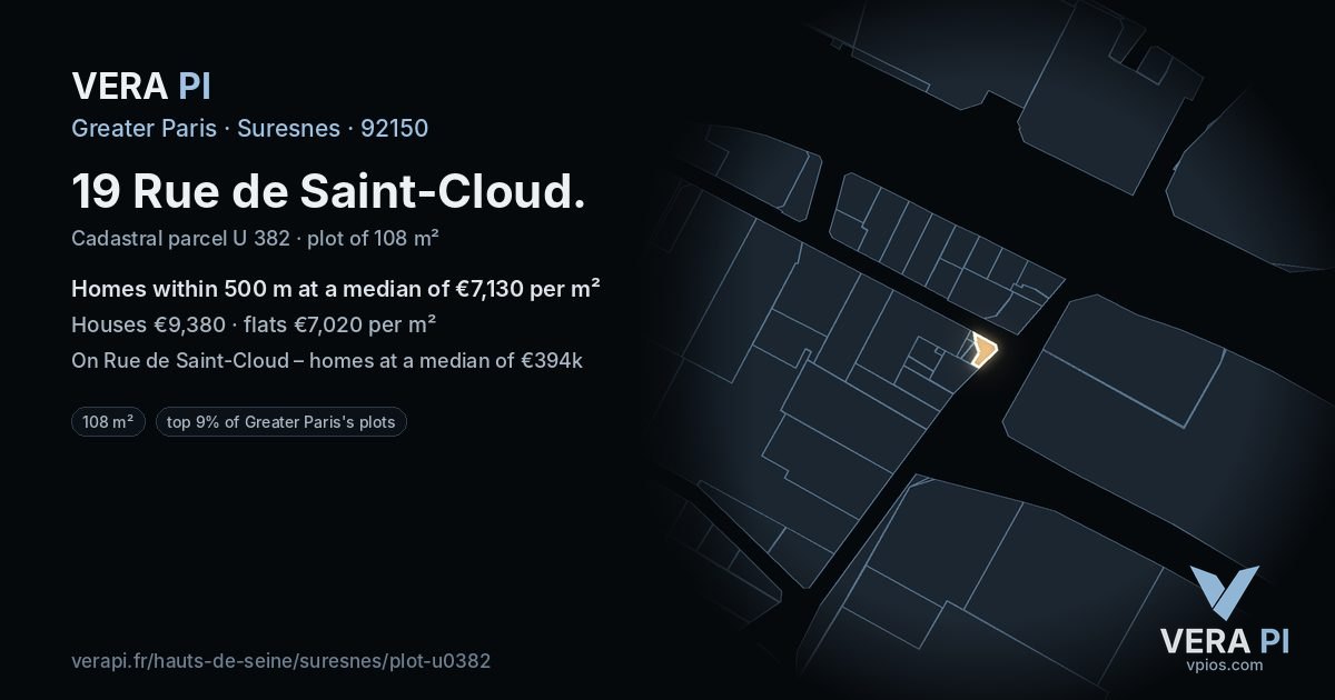 19 Rue de Saint-Cloud, Suresnes at night – the plot lit, the parcels around coloured by the prices near them