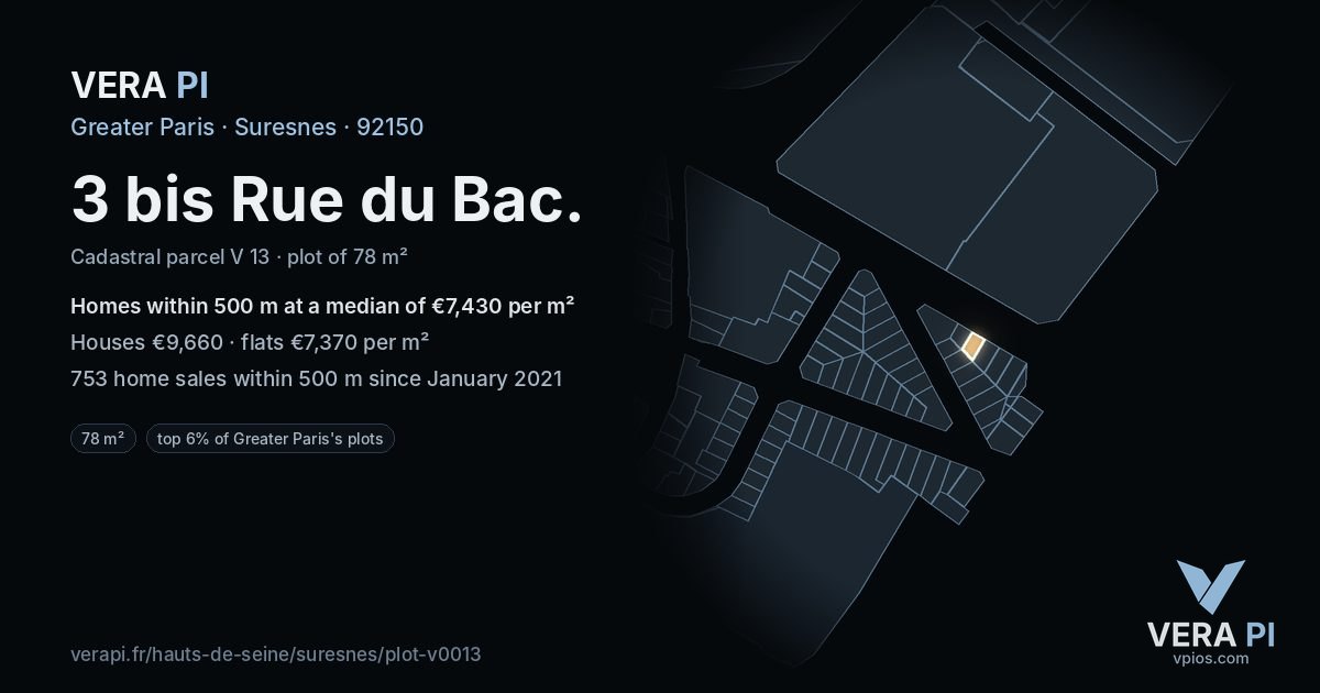 3 bis Rue du Bac, Suresnes at night – the plot lit, the parcels around coloured by the prices near them