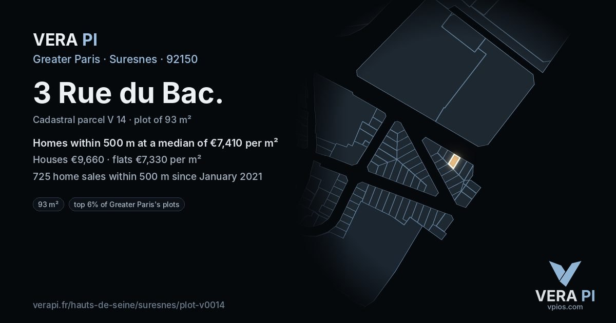 3 Rue du Bac, Suresnes at night – the plot lit, the parcels around coloured by the prices near them