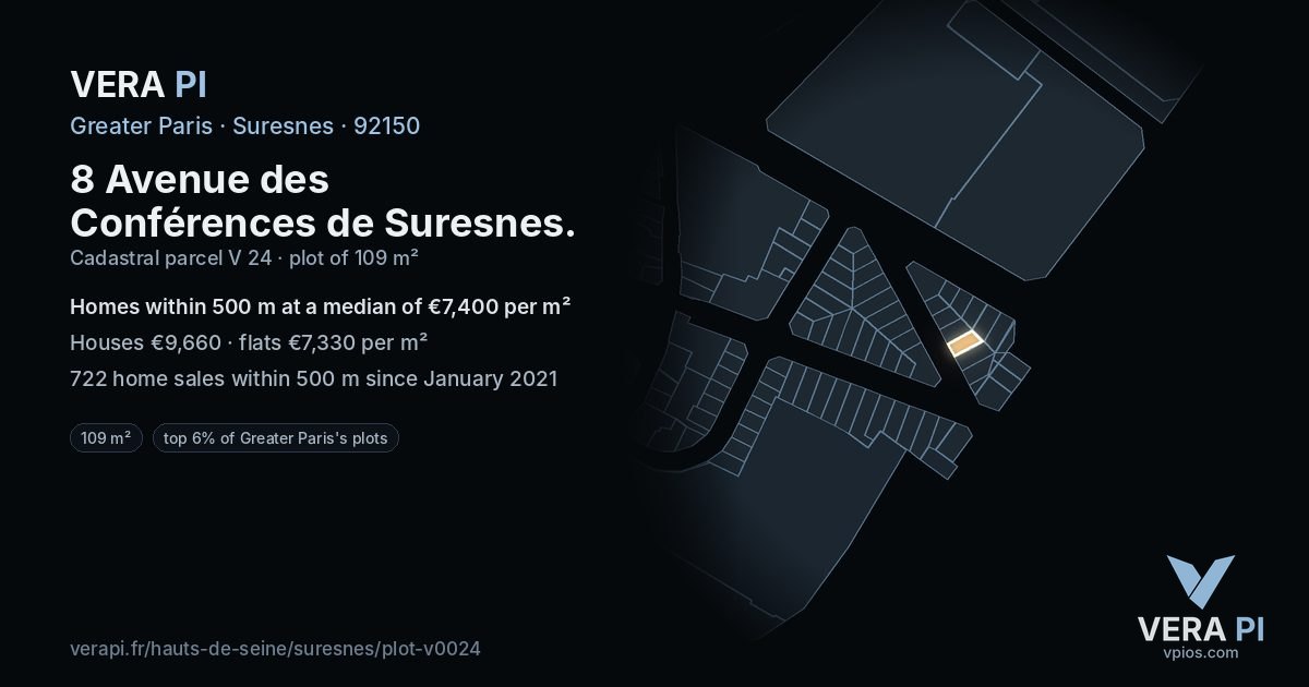 8 Avenue des Conférences de Suresnes, Suresnes at night – the plot lit, the parcels around coloured by the prices near them
