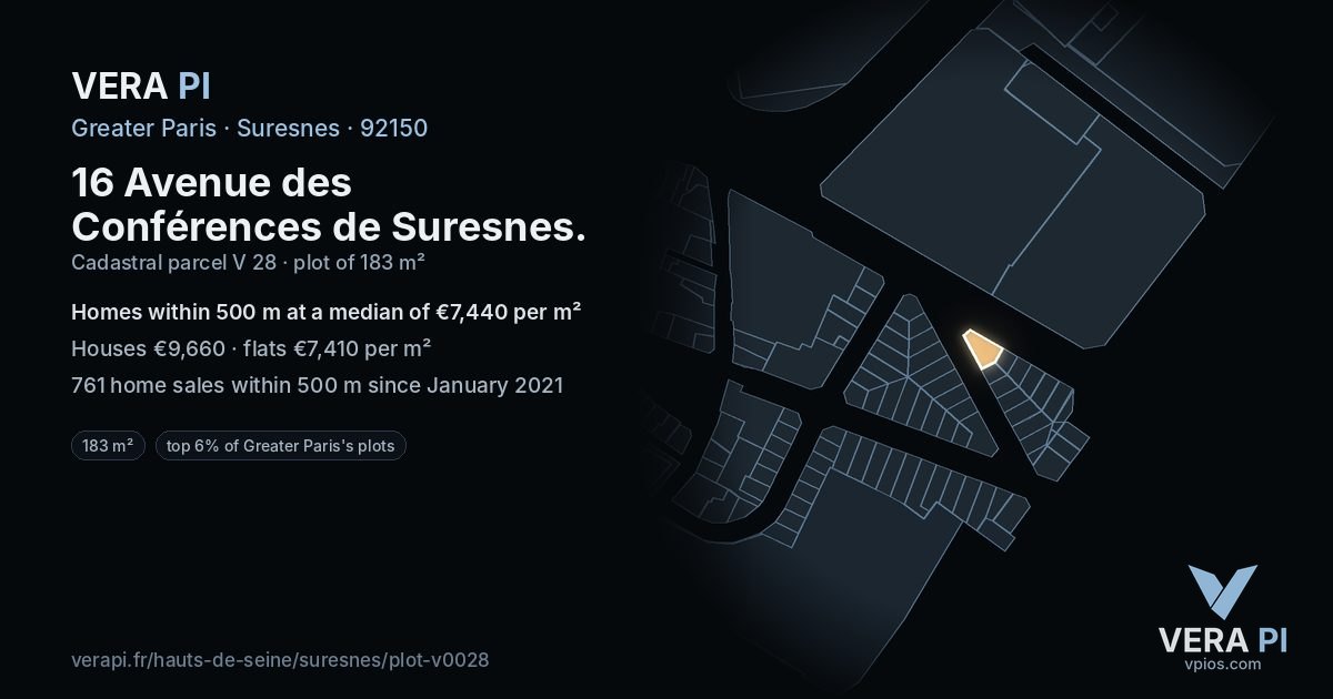 16 Avenue des Conférences de Suresnes, Suresnes at night – the plot lit, the parcels around coloured by the prices near them