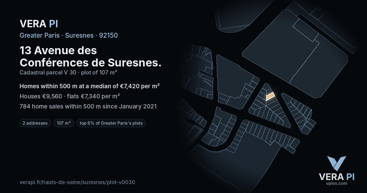 13 Avenue des Conférences de Suresnes, Suresnes at night – the plot lit, the parcels around coloured by the prices near them