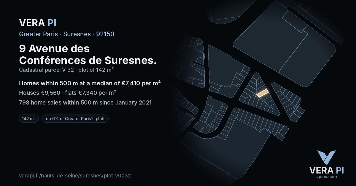 9 Avenue des Conférences de Suresnes, Suresnes at night – the plot lit, the parcels around coloured by the prices near them