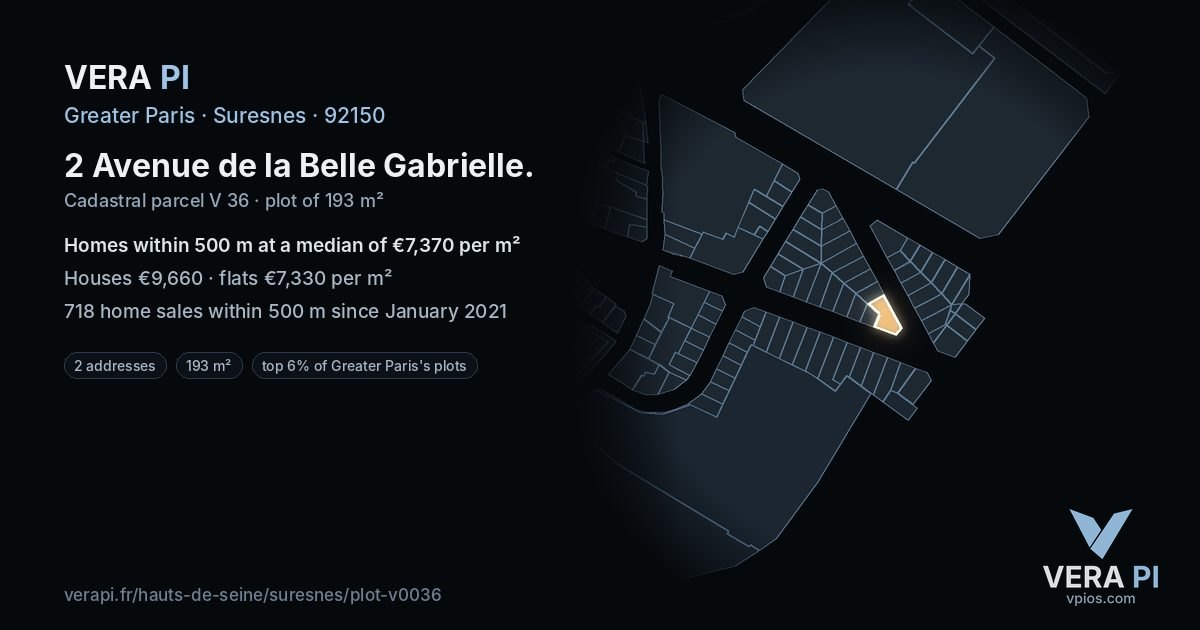 2 Avenue de la Belle Gabrielle, Suresnes at night – the plot lit, the parcels around coloured by the prices near them