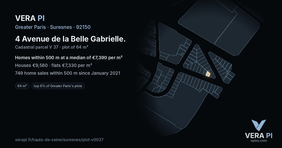 4 Avenue de la Belle Gabrielle, Suresnes at night – the plot lit, the parcels around coloured by the prices near them