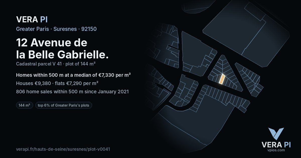 12 Avenue de la Belle Gabrielle, Suresnes at night – the plot lit, the parcels around coloured by the prices near them