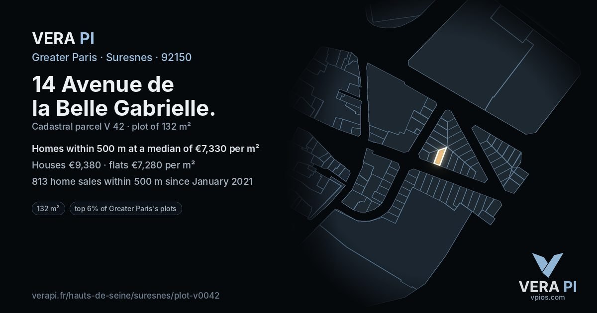 14 Avenue de la Belle Gabrielle, Suresnes at night – the plot lit, the parcels around coloured by the prices near them