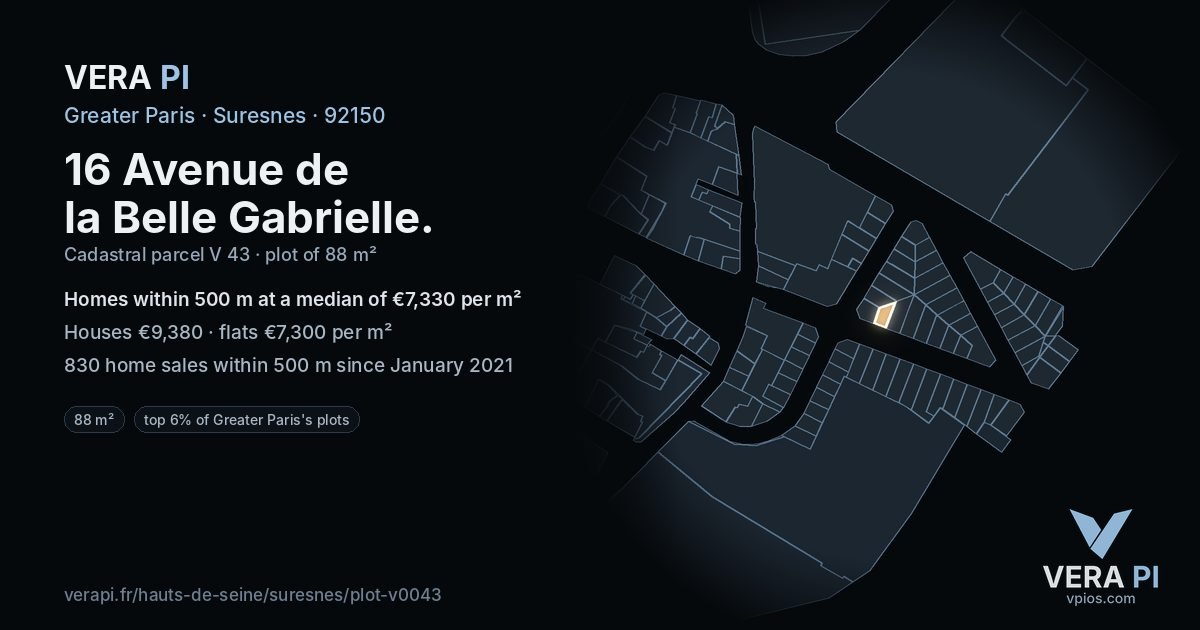 16 Avenue de la Belle Gabrielle, Suresnes at night – the plot lit, the parcels around coloured by the prices near them