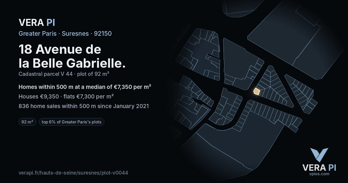 18 Avenue de la Belle Gabrielle, Suresnes at night – the plot lit, the parcels around coloured by the prices near them