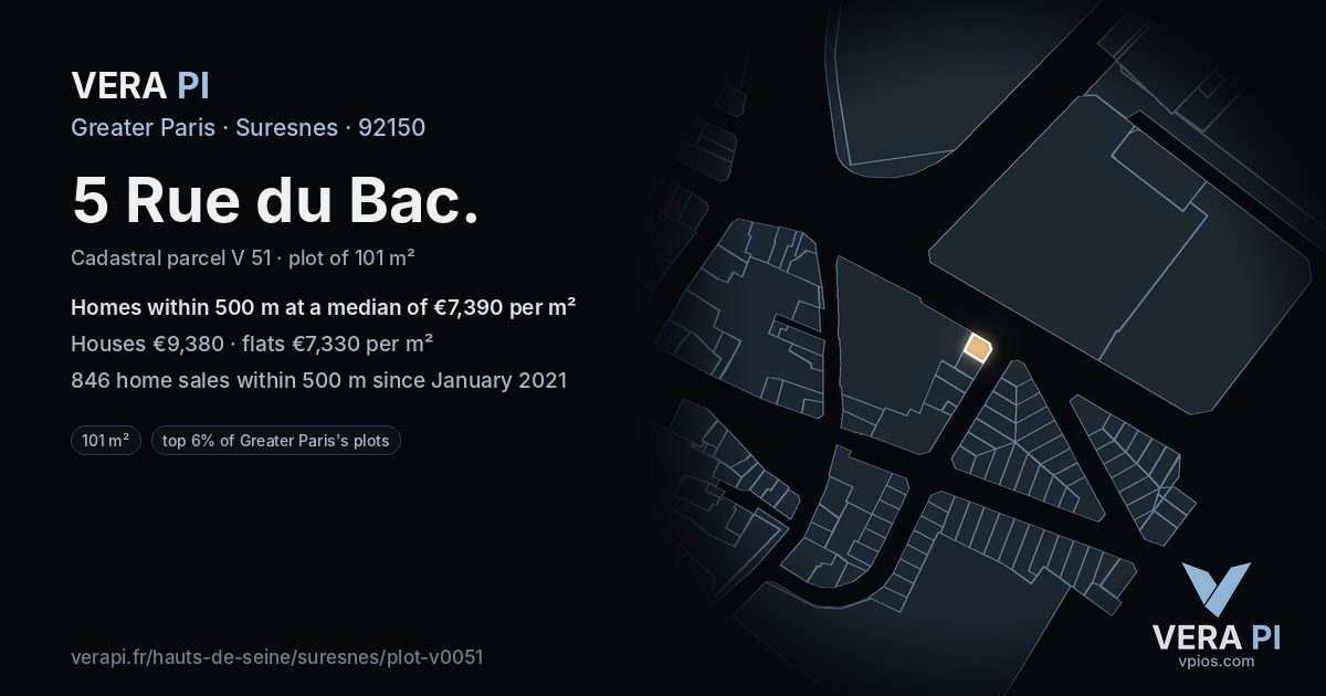 5 Rue du Bac, Suresnes at night – the plot lit, the parcels around coloured by the prices near them