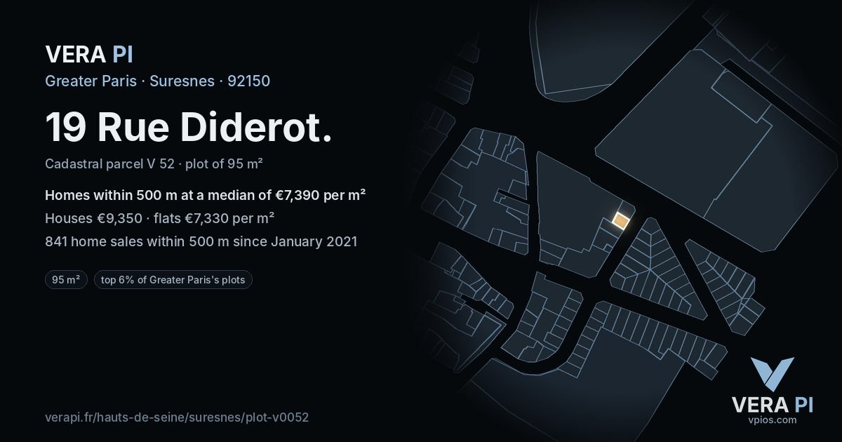 19 Rue Diderot, Suresnes at night – the plot lit, the parcels around coloured by the prices near them