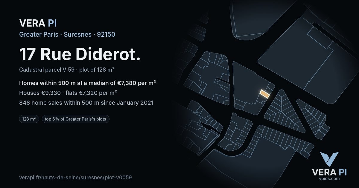 17 Rue Diderot, Suresnes at night – the plot lit, the parcels around coloured by the prices near them
