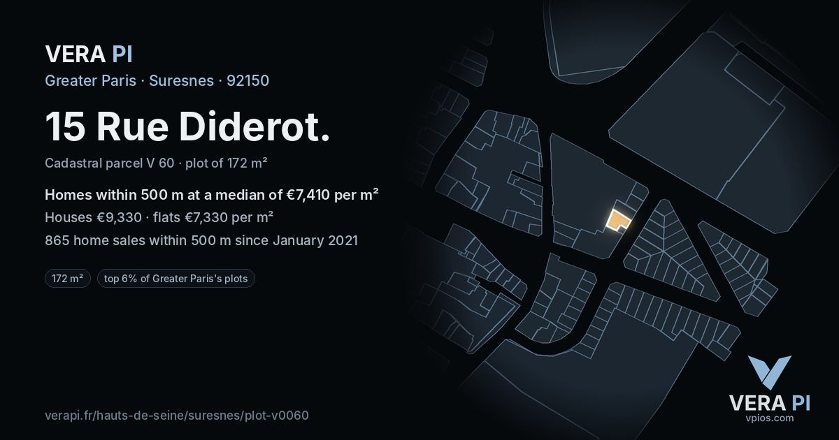 15 Rue Diderot, Suresnes at night – the plot lit, the parcels around coloured by the prices near them