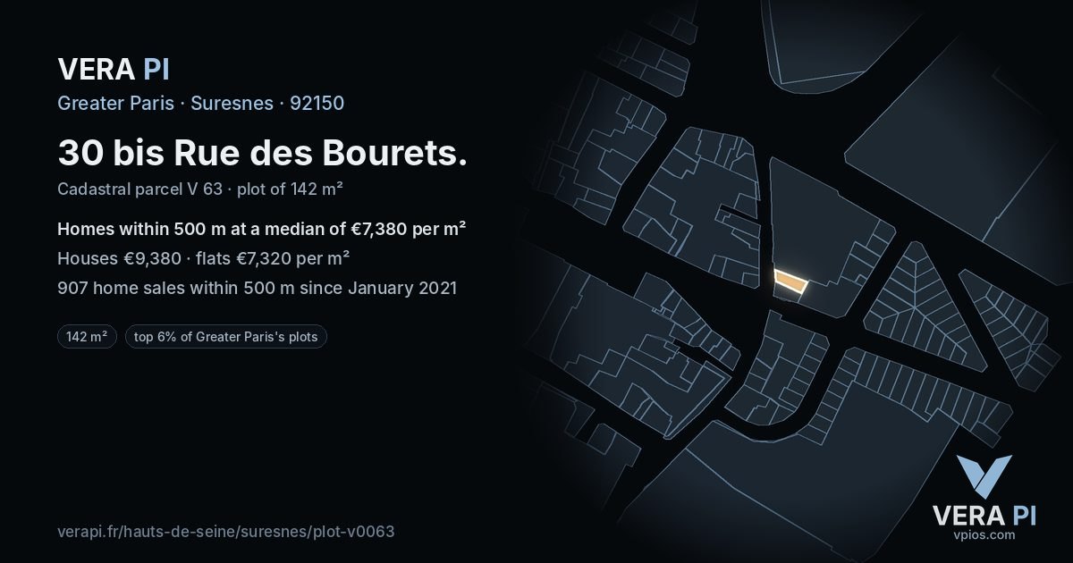 30 bis Rue des Bourets, Suresnes at night – the plot lit, the parcels around coloured by the prices near them
