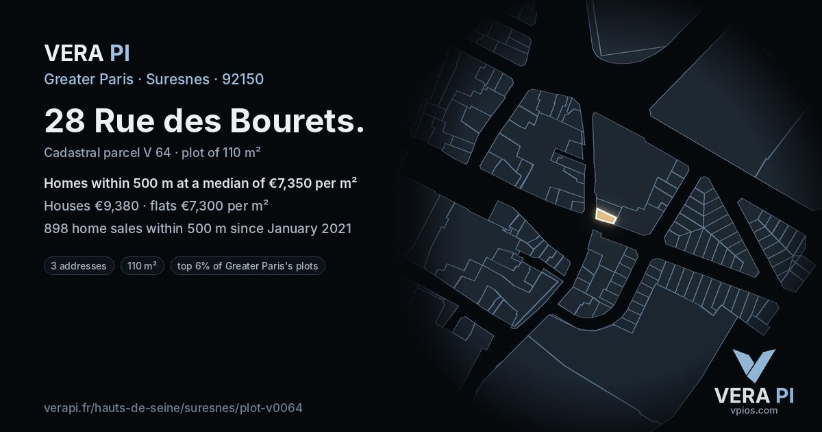 28 Rue des Bourets, Suresnes at night – the plot lit, the parcels around coloured by the prices near them