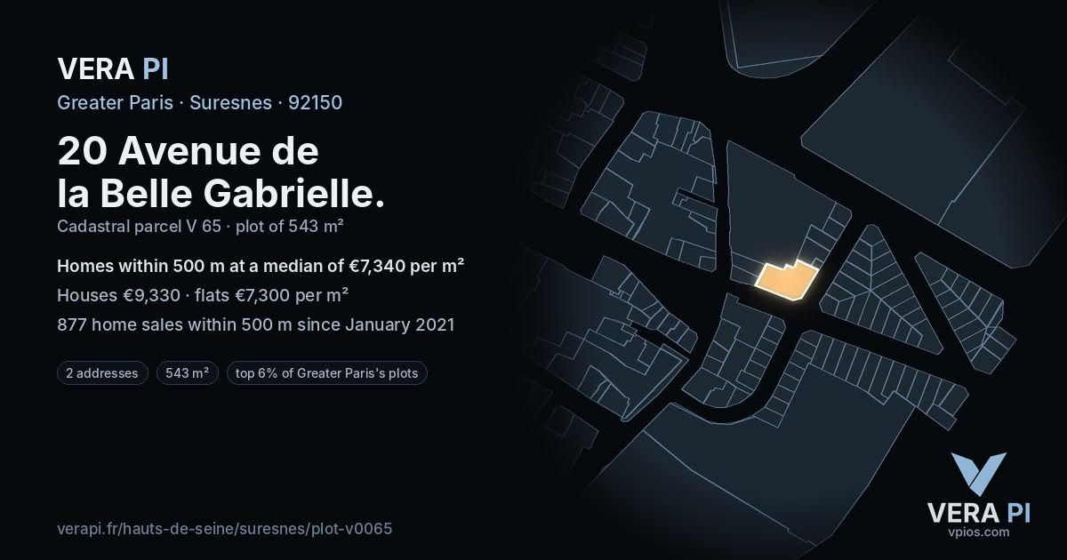 20 Avenue de la Belle Gabrielle, Suresnes at night – the plot lit, the parcels around coloured by the prices near them